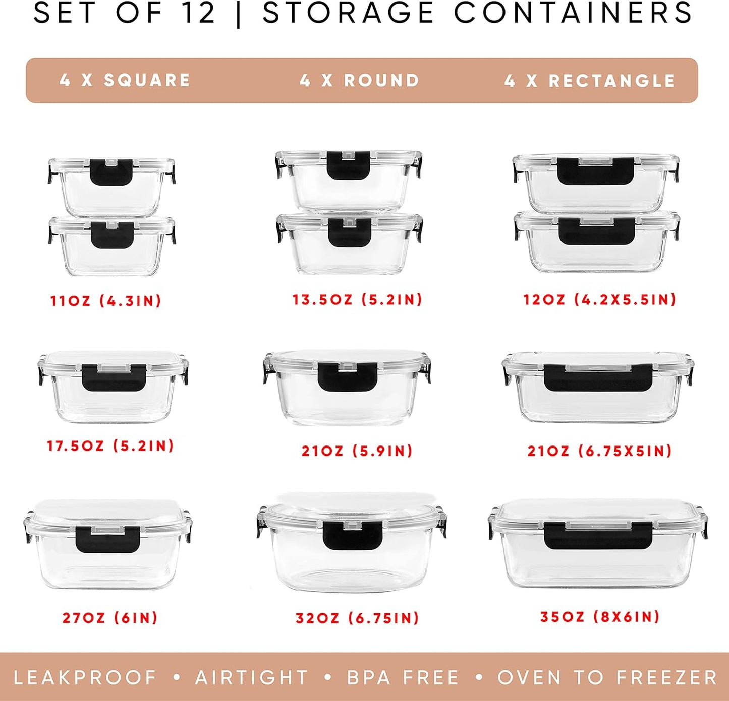 24pc Borosilicate Glass Storage Containers with Lids. 12 Airtight, Freezer Safe Food Storage Containers