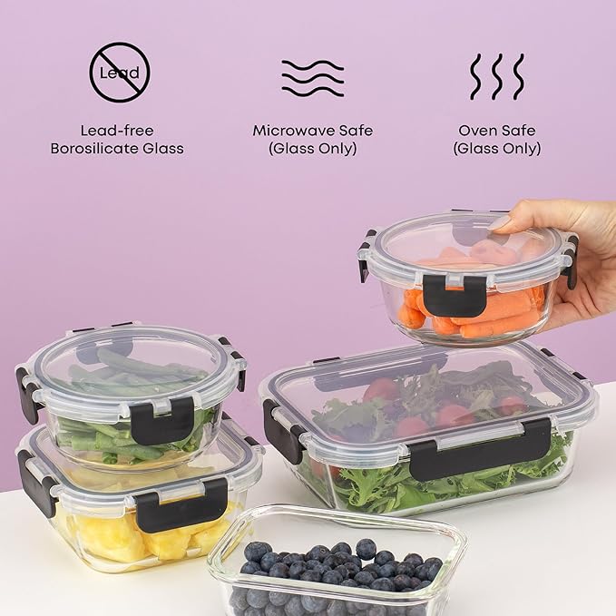 24pc Borosilicate Glass Storage Containers with Lids. 12 Airtight, Freezer Safe Food Storage Containers