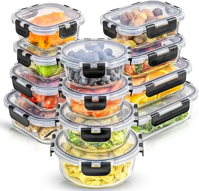 24pc Borosilicate Glass Storage Containers with Lids. 12 Airtight, Freezer Safe Food Storage Containers