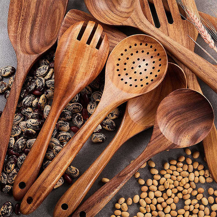 Hot Sale 9 Pcs Non Stick Kitchen Teak Wood Cook Tools Set Spoon Spatula Kitchen