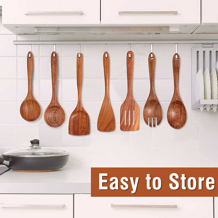 Hot Sale 9 Pcs Non Stick Kitchen Teak Wood Cook Tools Set Spoon Spatula Kitchen