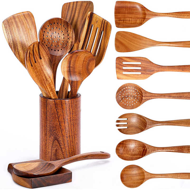Hot Sale 9 Pcs Non Stick Kitchen Teak Wood Cook Tools Set Spoon Spatula Kitchen