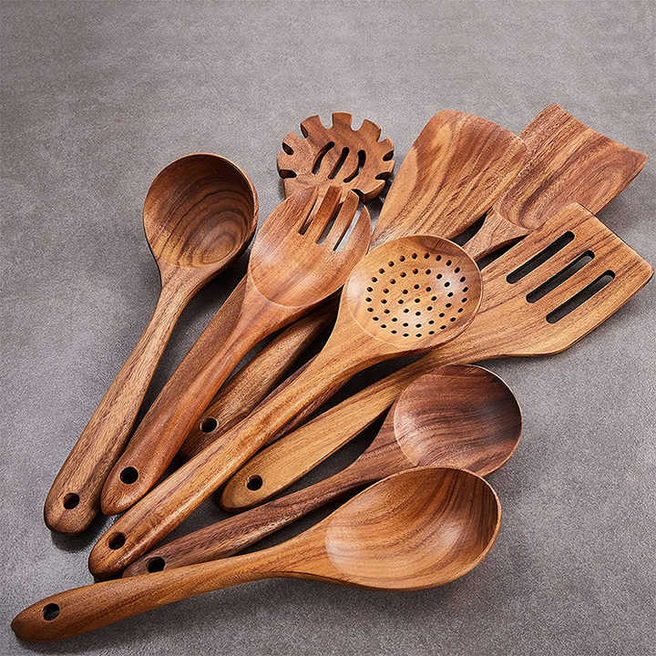 Hot Sale 9 Pcs Non Stick Kitchen Teak Wood Cook Tools Set Spoon Spatula Kitchen