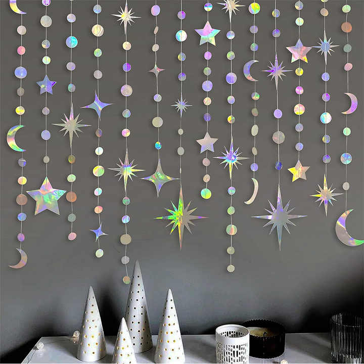 Iridescent Moon & Star Bunting – Hanging Garland for Ramadan, Eid and decoration events.