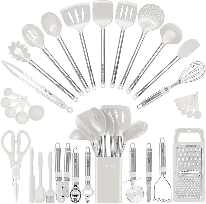 Kitchen Utensils Set- 34PCS Silicone Cooking Utensils with Holder, for Nonstick Cookware, Black Wooden Handles Kitchen Gadgets