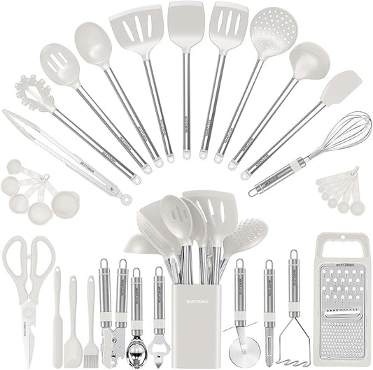 Kitchen Utensils Set- 34PCS Silicone Cooking Utensils with Holder, for Nonstick Cookware, Black Wooden Handles Kitchen Gadgets