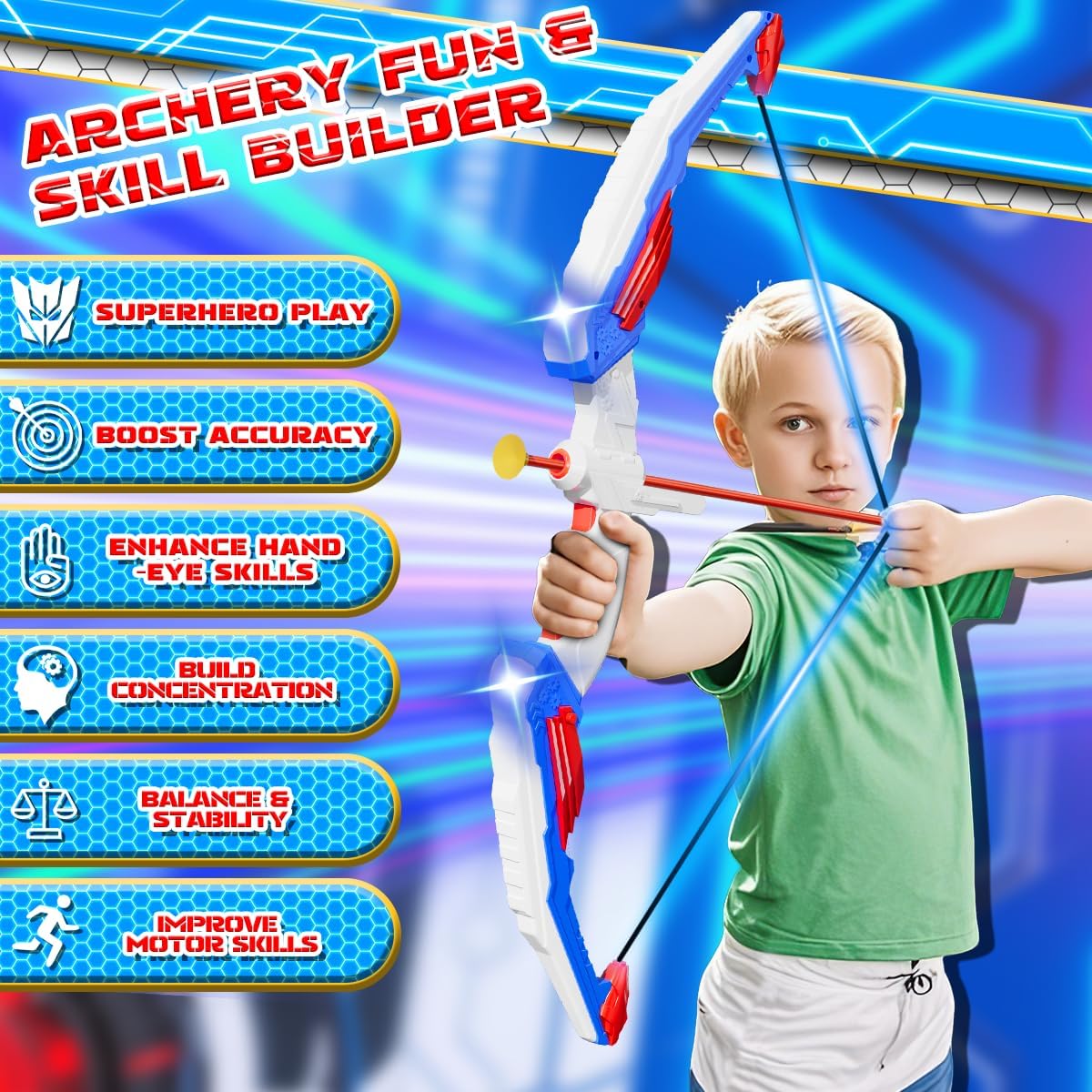 Kids Bow and Arrow Set – LED Light-Up Archery Toy with Suction Cup Arrows