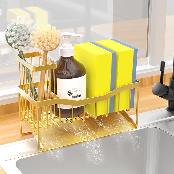 Maifan Sink Caddy Sponge Holder for Kitchen with Brush Holder and Stainless Steel Self Drain Tray, Rustproof Kitchen