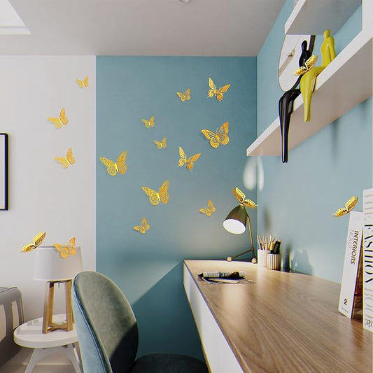 Gold Butterfly Party Decorations – 48 Pcs Removable 3D Wall Stickers for Events & Home Use.