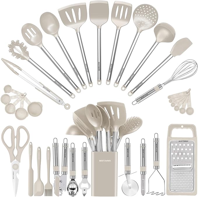 Kitchen Utensils Set- 34PCS Silicone Cooking Utensils with Holder, for Nonstick Cookware, Black Wooden Handles Kitchen Gadgets