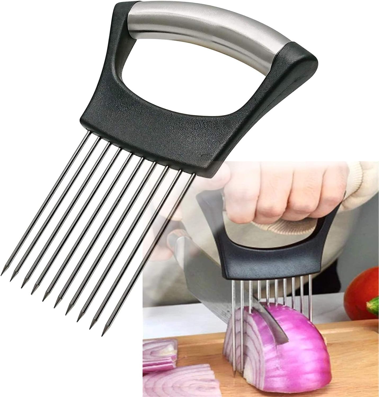Stainless Steel Onion Slicer & Holder – Vegetable Cutter Tool