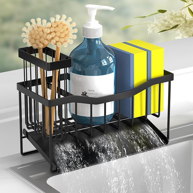 Maifan Sink Caddy Sponge Holder for Kitchen with Brush Holder and Stainless Steel Self Drain Tray, Rustproof Kitchen