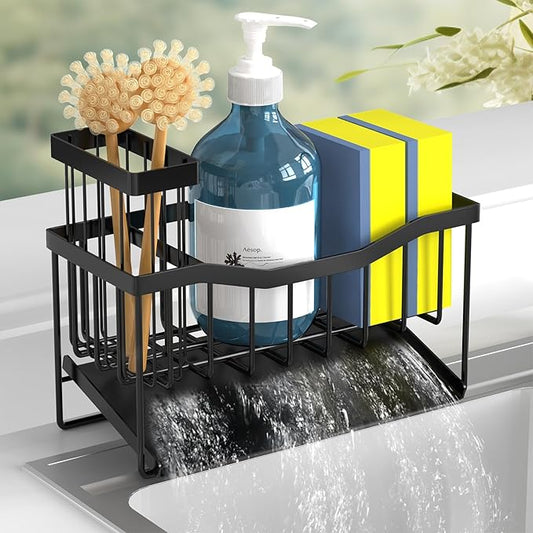 Maifan Sink Caddy Sponge Holder for Kitchen with Brush Holder and Stainless Steel Self Drain Tray, Rustproof Kitchen