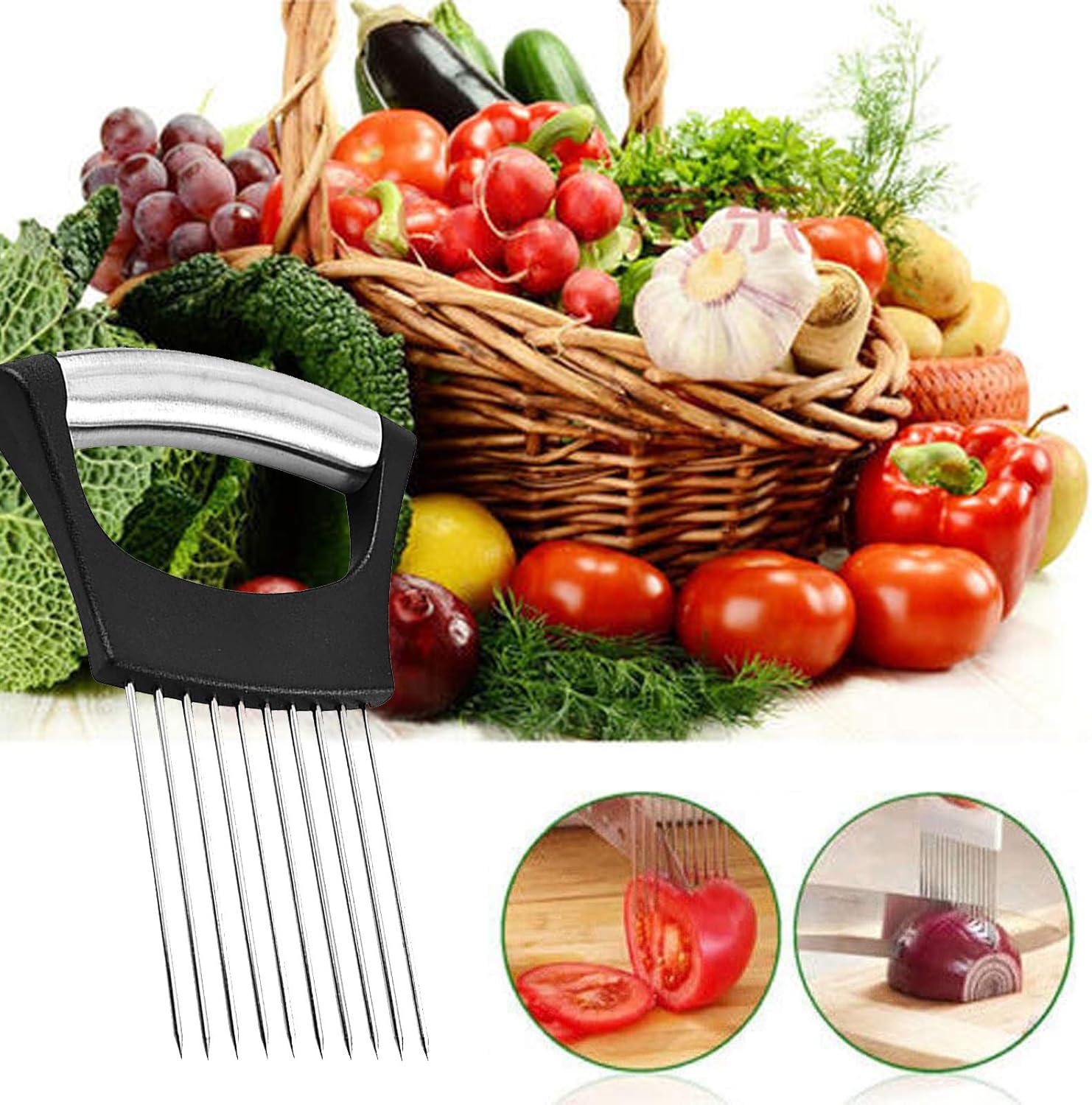 Stainless Steel Onion Slicer & Holder – Vegetable Cutter Tool