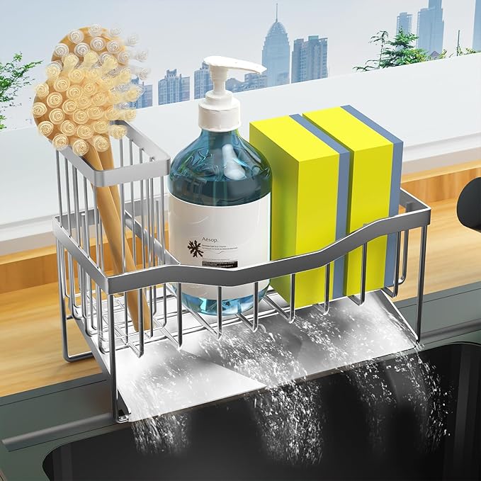 Maifan Sink Caddy Sponge Holder for Kitchen with Brush Holder and Stainless Steel Self Drain Tray, Rustproof Kitchen