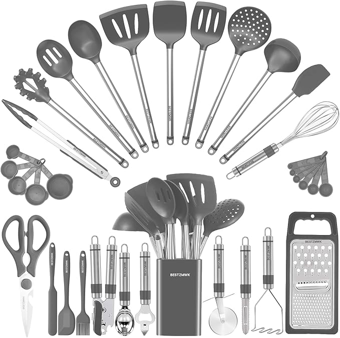 Kitchen Utensils Set- 34PCS Silicone Cooking Utensils with Holder, for Nonstick Cookware, Black Wooden Handles Kitchen Gadgets