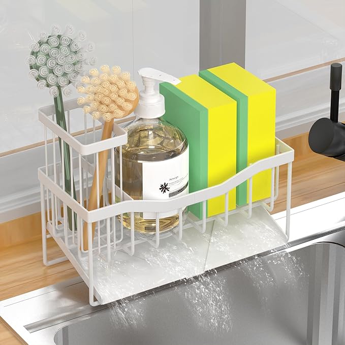 Maifan Sink Caddy Sponge Holder for Kitchen with Brush Holder and Stainless Steel Self Drain Tray, Rustproof Kitchen