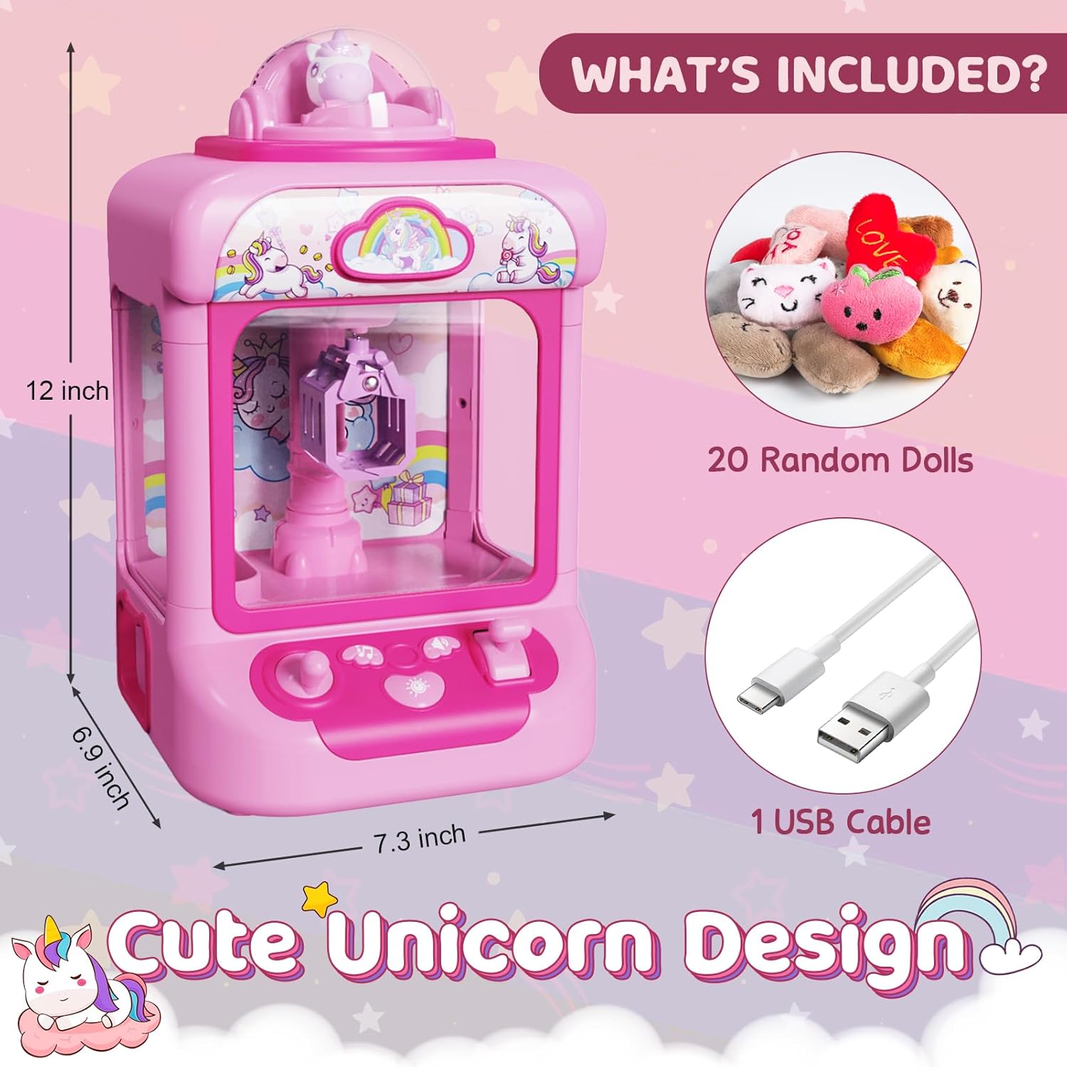Mini Claw Machine – Kids Unicorn Candy Grabber with 20 Plush Toys