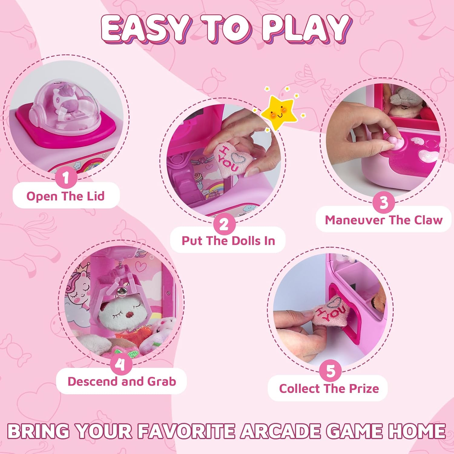 Mini Claw Machine – Kids Unicorn Candy Grabber with 20 Plush Toys
