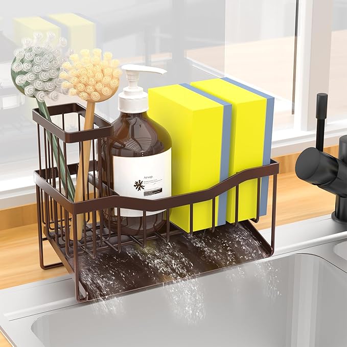 Maifan Sink Caddy Sponge Holder for Kitchen with Brush Holder and Stainless Steel Self Drain Tray, Rustproof Kitchen