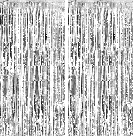 2 Pack Metallic Silver Foil Fringe Curtains