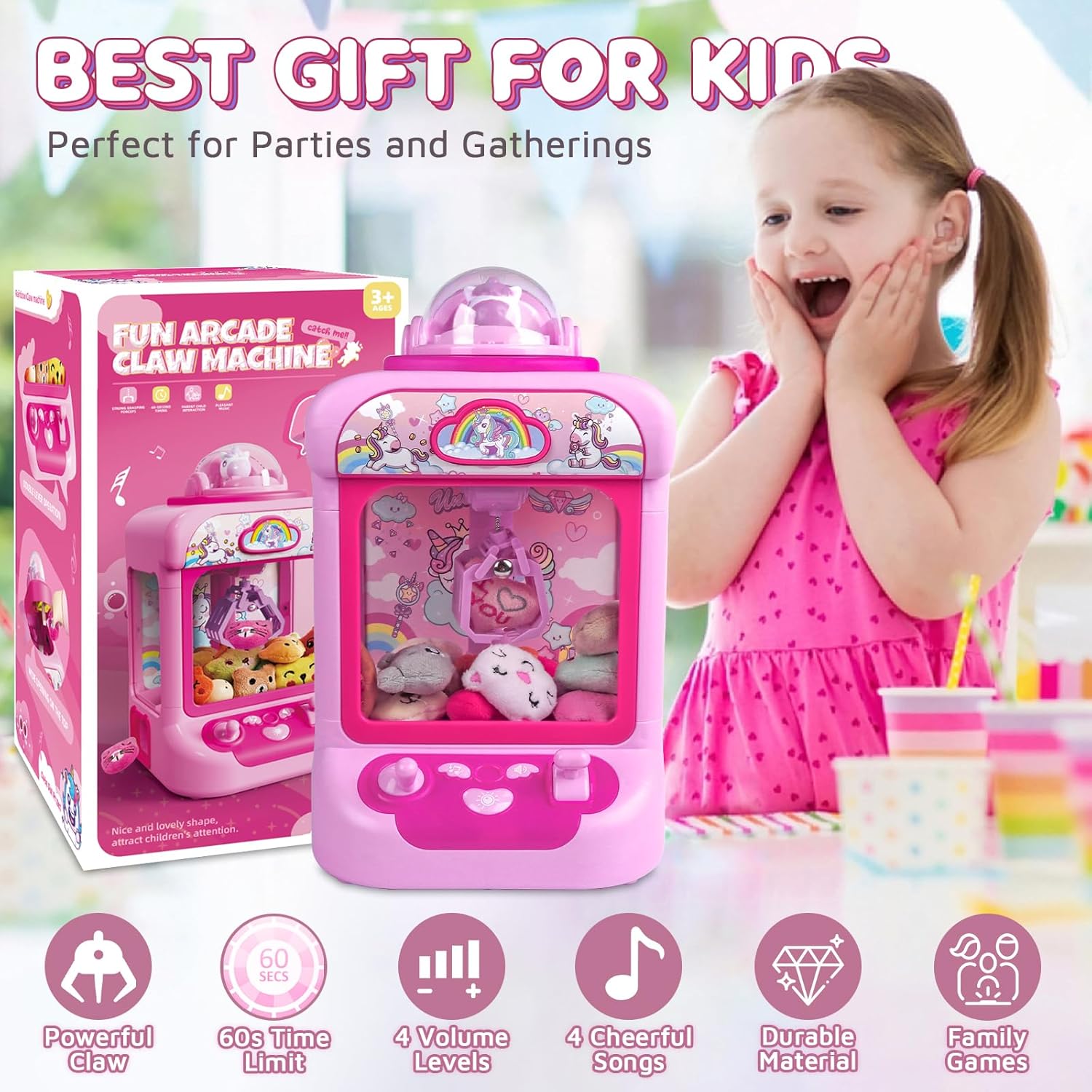 Mini Claw Machine – Kids Unicorn Candy Grabber with 20 Plush Toys