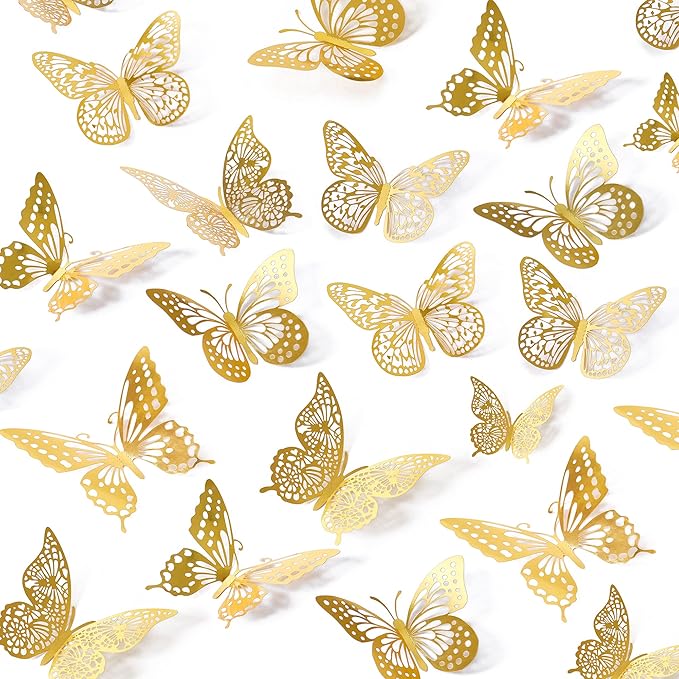 Gold Butterfly Party Decorations – 48 Pcs Removable 3D Wall Stickers for Events & Home Use.