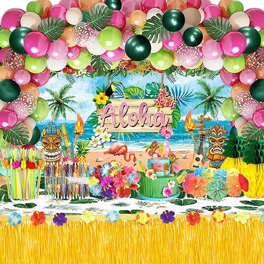 Hawaiian Luau Party Decorations – 161 Pcs Tropical Beach & Pool Party Supplies Set