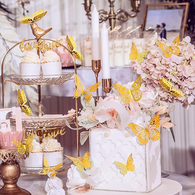Gold Butterfly Party Decorations – 48 Pcs Removable 3D Wall Stickers for Events & Home Use.