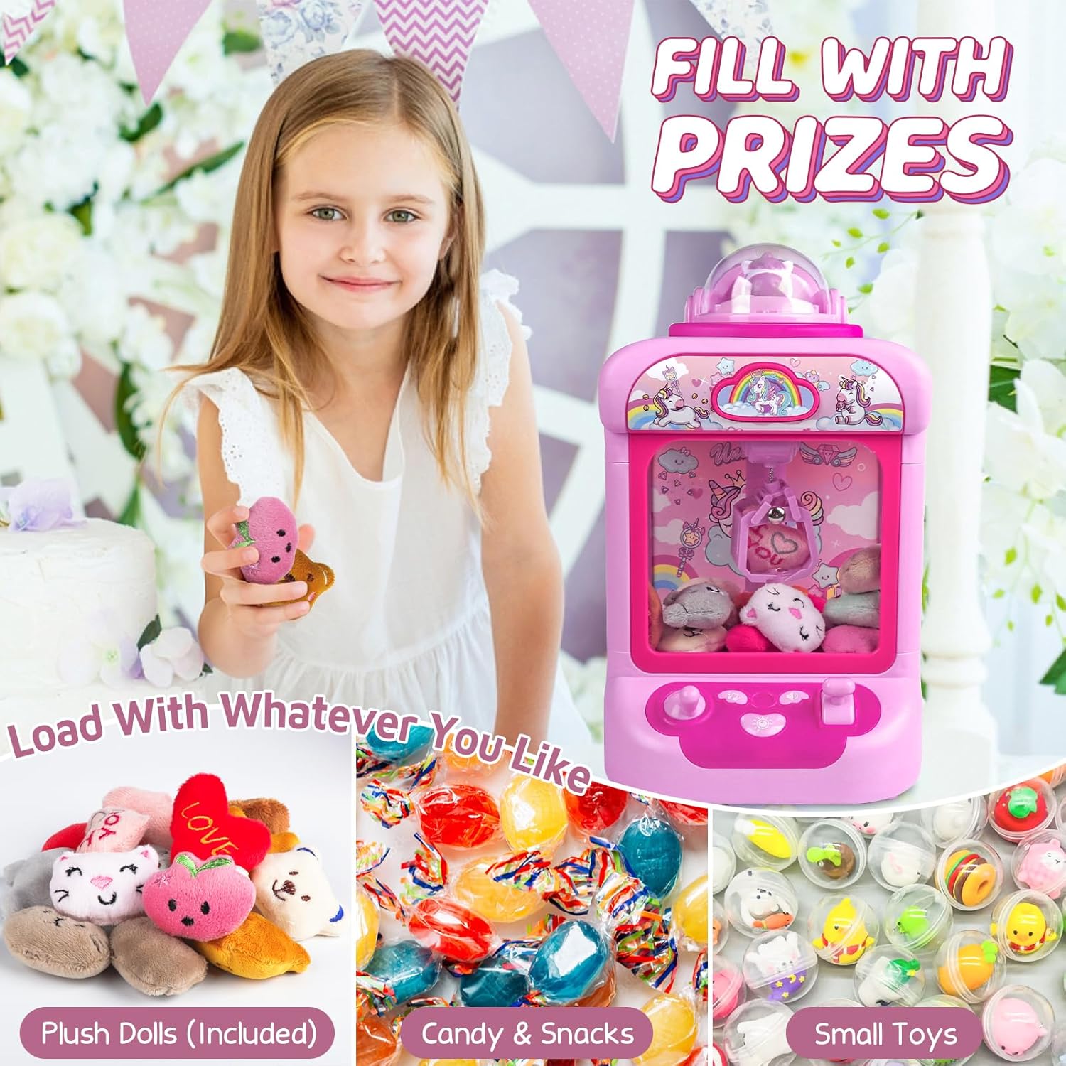 Mini Claw Machine – Kids Unicorn Candy Grabber with 20 Plush Toys