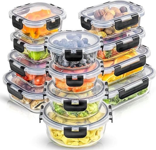 24pc Borosilicate Glass Storage Containers with Lids. 12 Airtight, Freezer Safe Food Storage Containers