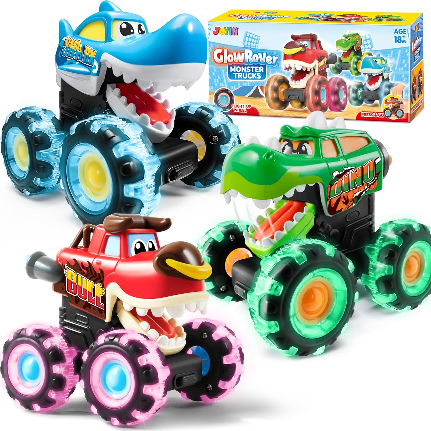 3-Pack Monster Truck Toys – Motion-Activated LED Cars for Toddlers & Kids