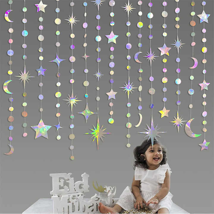 Iridescent Moon & Star Bunting – Hanging Garland for Ramadan, Eid and decoration events.