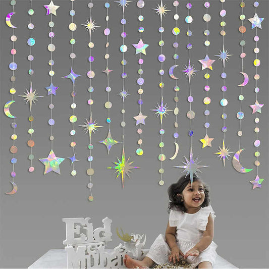 Iridescent Moon & Star Bunting – Hanging Garland for Ramadan, Eid and decoration events.