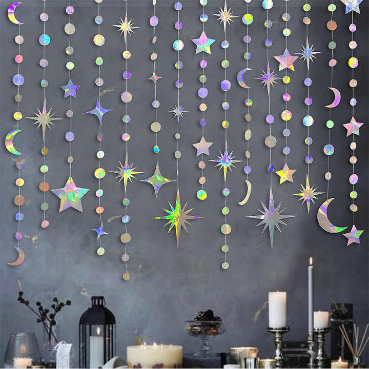 Iridescent Moon & Star Bunting – Hanging Garland for Ramadan, Eid and decoration events.