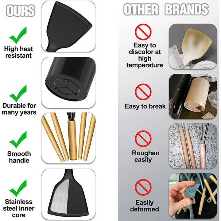 Kitchen Utensils Set- 34PCS Silicone Cooking Utensils with Holder, for Nonstick Cookware, Black Wooden Handles Kitchen Gadgets