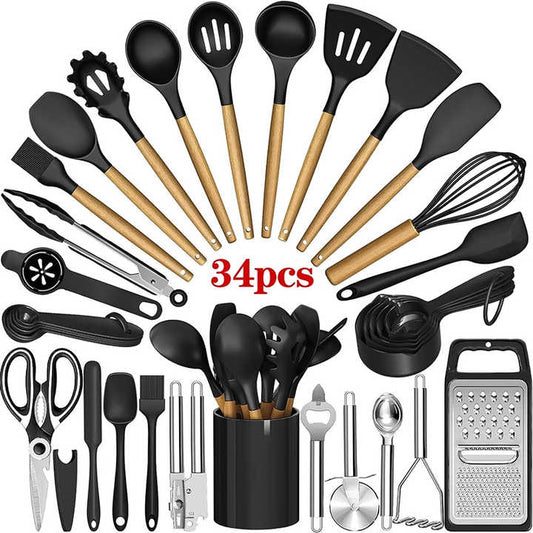 Kitchen Utensils Set- 34PCS Silicone Cooking Utensils with Holder, for Nonstick Cookware, Black Wooden Handles Kitchen Gadgets