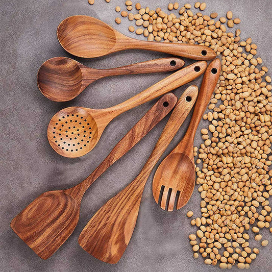 Hot Sale 9 Pcs Non Stick Kitchen Teak Wood Cook Tools Set Spoon Spatula Kitchen