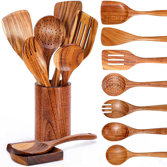 Hot Sale 9 Pcs Non Stick Kitchen Teak Wood Cook Tools Set Spoon Spatula Kitchen