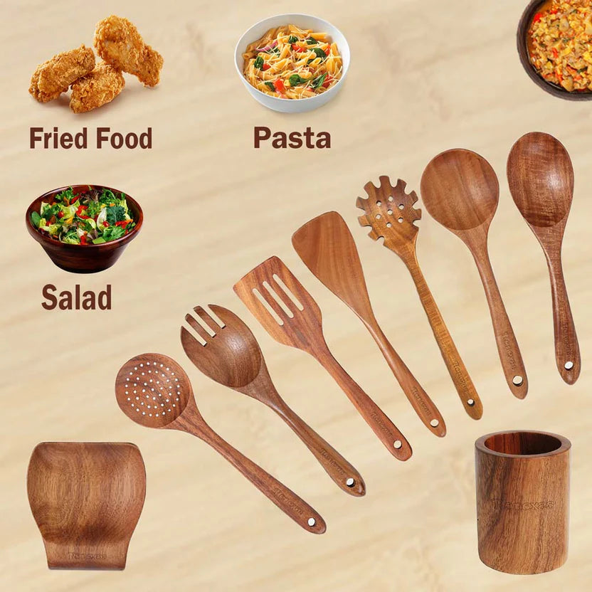 Solid Wood Kitchen Utensils – 8-Piece Cooking Spoon Set